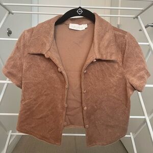 Terry Clothe cafe brown Short Sleeve Button-Up top